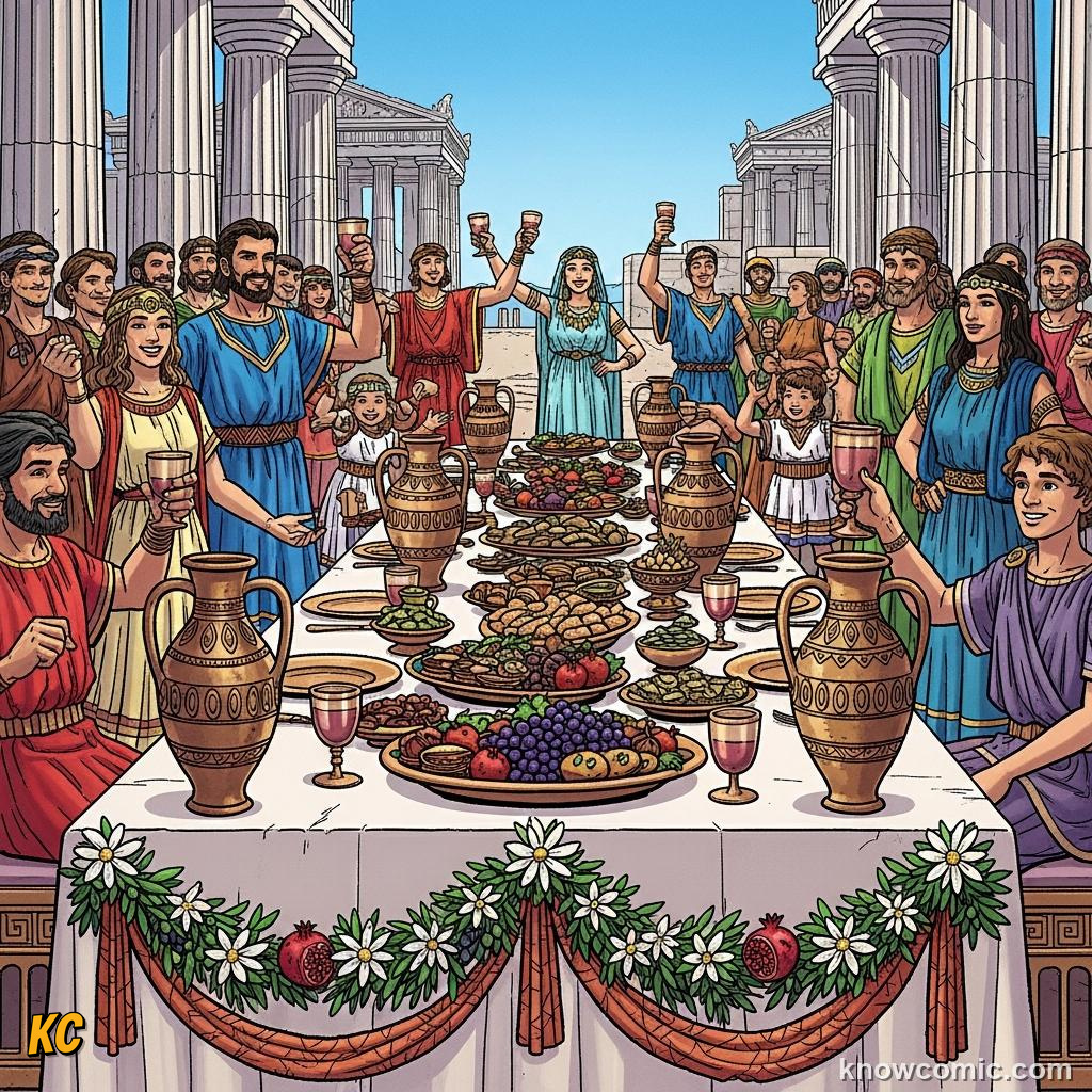 Pandora and Epimetheus at their wedding arranged by Zeus on Olympus