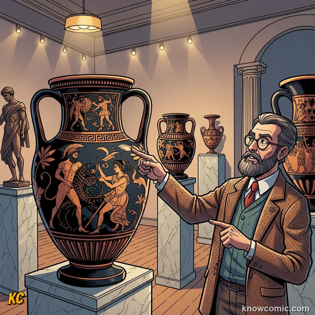 A painting showing Pandora alarmed beside her jar many emotions visible