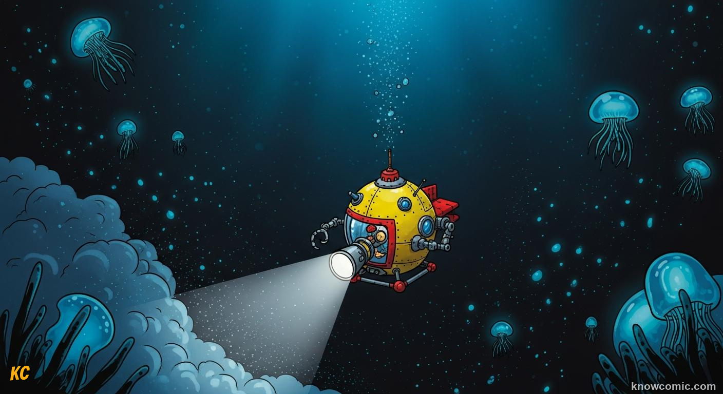 An ROV exploring the dark seafloor with submarine lights in the deep ocean