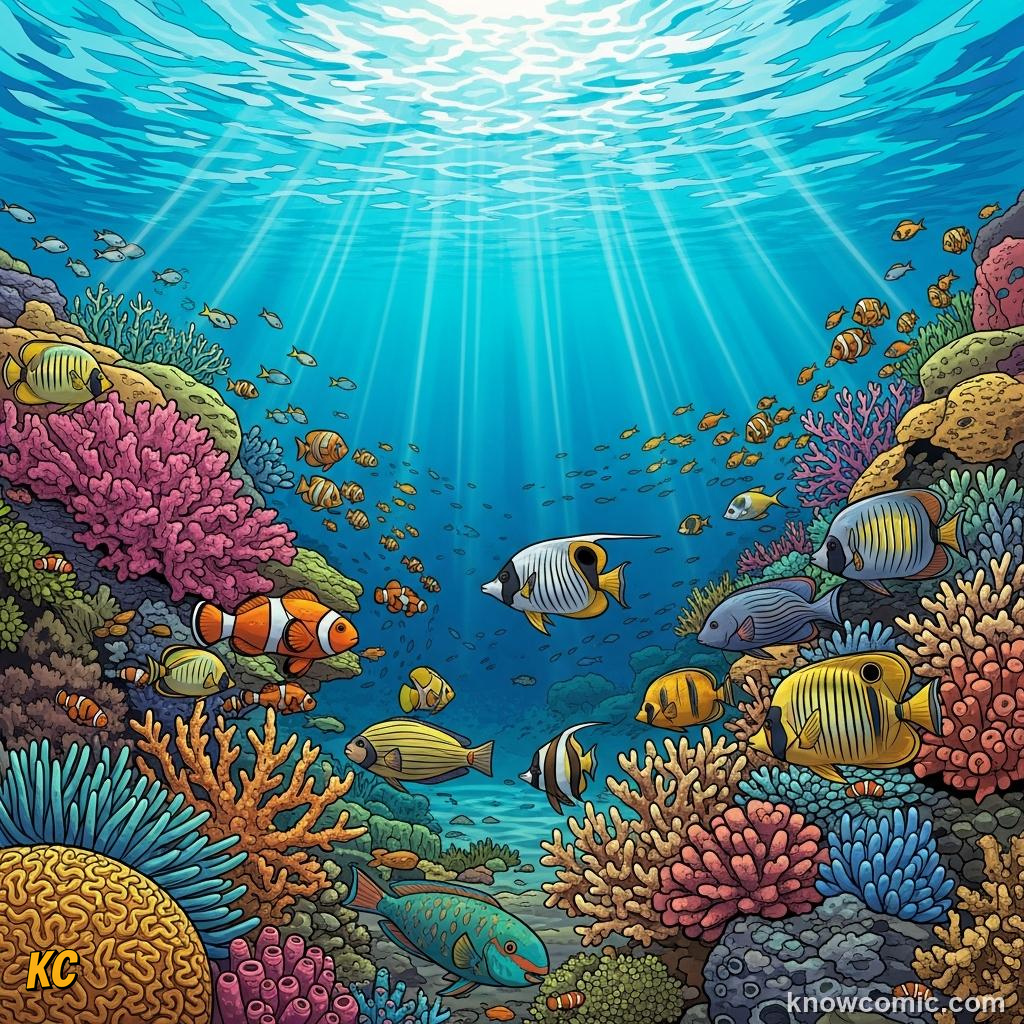 Colorful reef fish swimming in sunlit shallow water in the epipelagic zone
