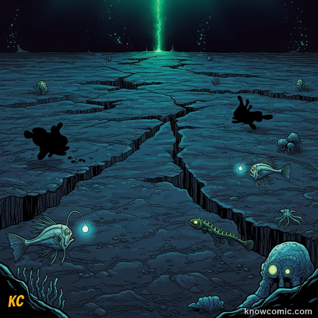 Complete darkness of the abyssal zone with sparse deep-sea creatures below