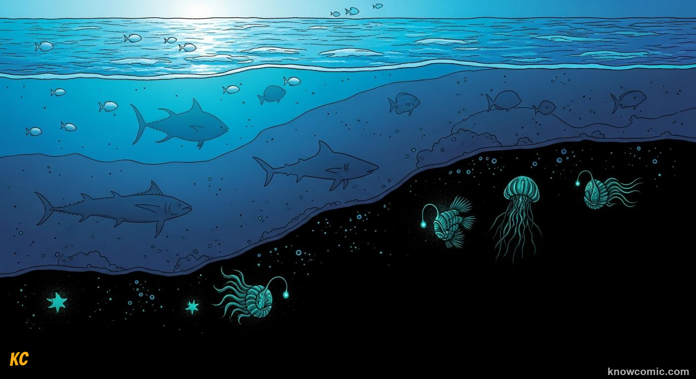 Cross-section showing ocean zones from bright sunlit surface down to dark abyss