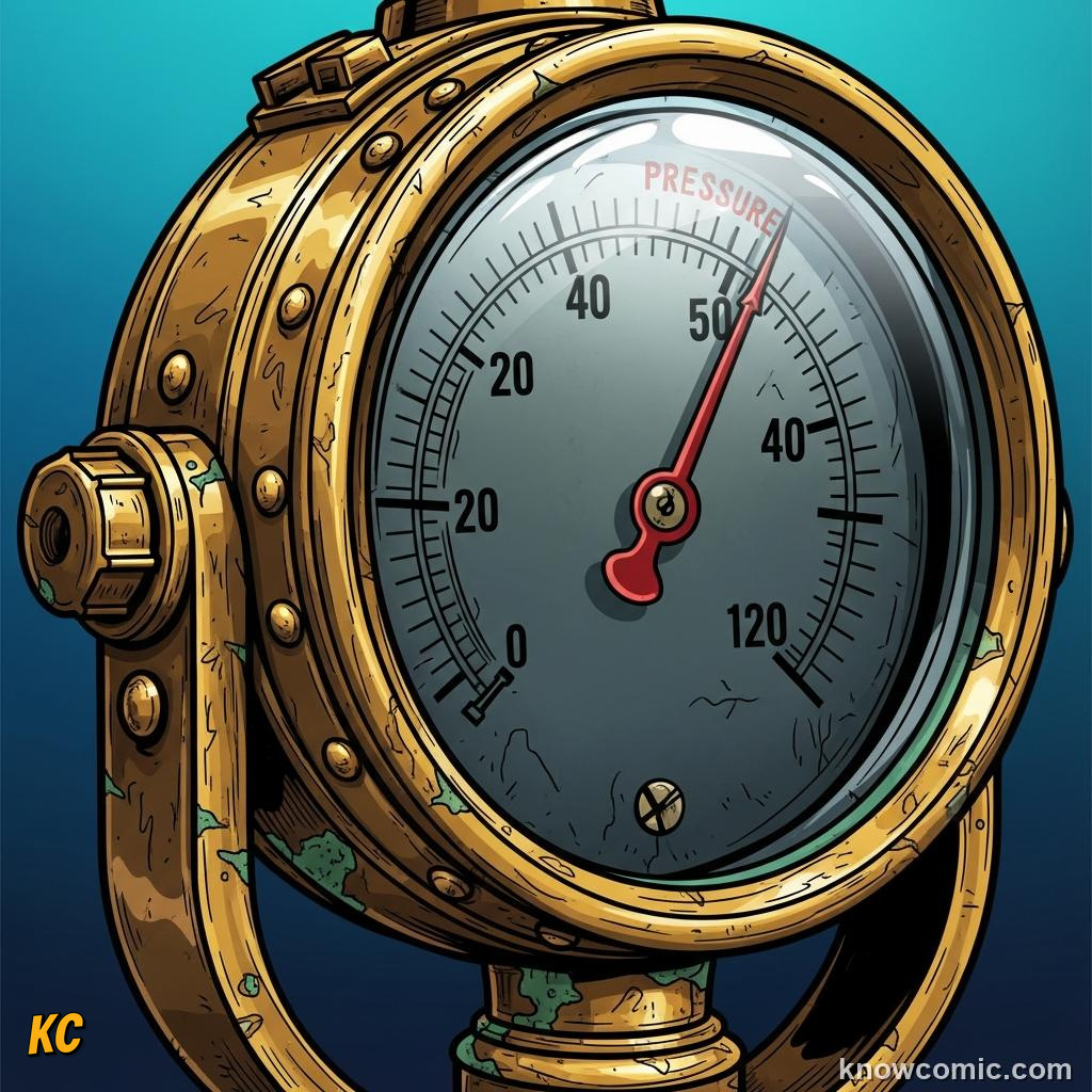 Diagram showing water pressure increasing with every 10 metres of ocean depth