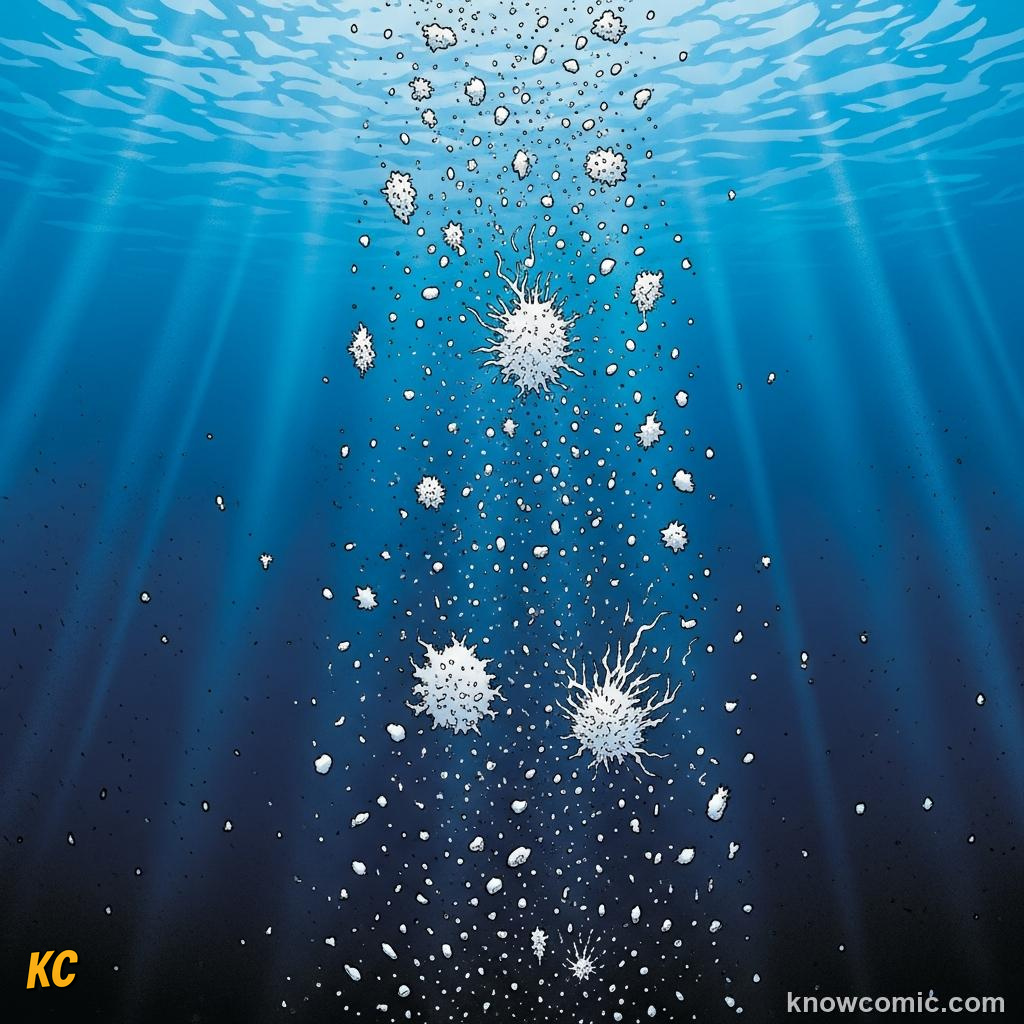 Marine snow of organic flakes drifting slowly downward to the ocean floor