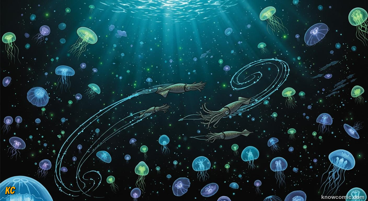 Multiple deep-sea creatures glowing with cold blue-green bioluminescent light in darkness
