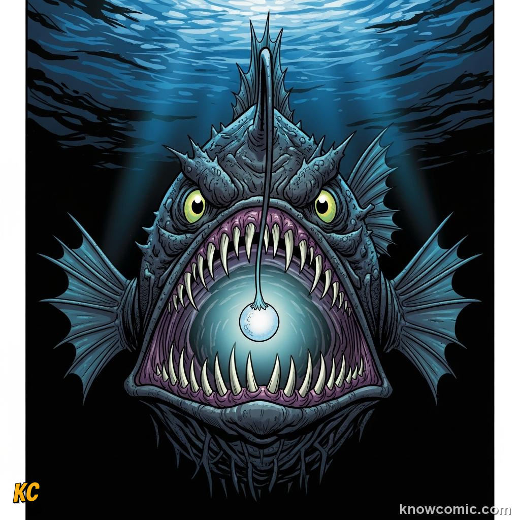 Anglerfish dangling its bioluminescent lure in pitch-dark deep ocean water