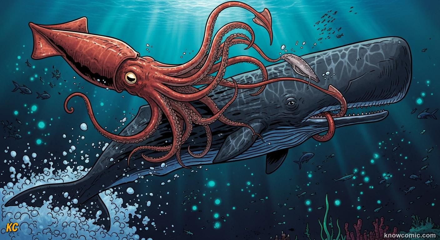 Giant squid and vampire squid drifting in the deep dark midnight ocean zone