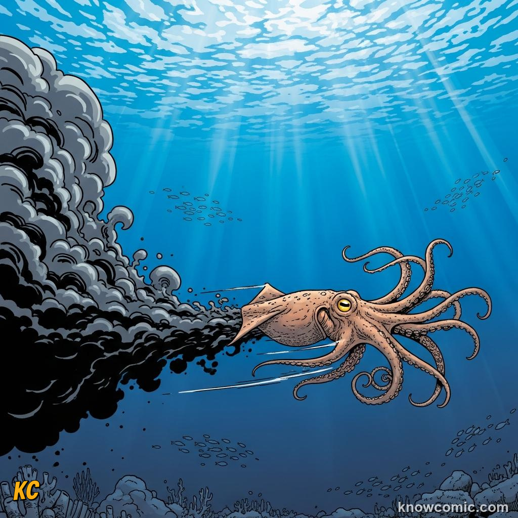 An octopus releasing a cloud of dark ink as a defensive smokescreen escape