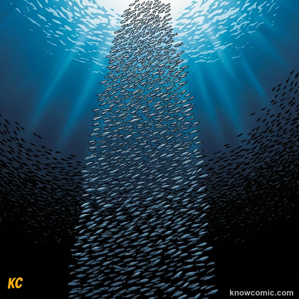 Lanternfish migrating vertically from deep water up to the surface to feed at night