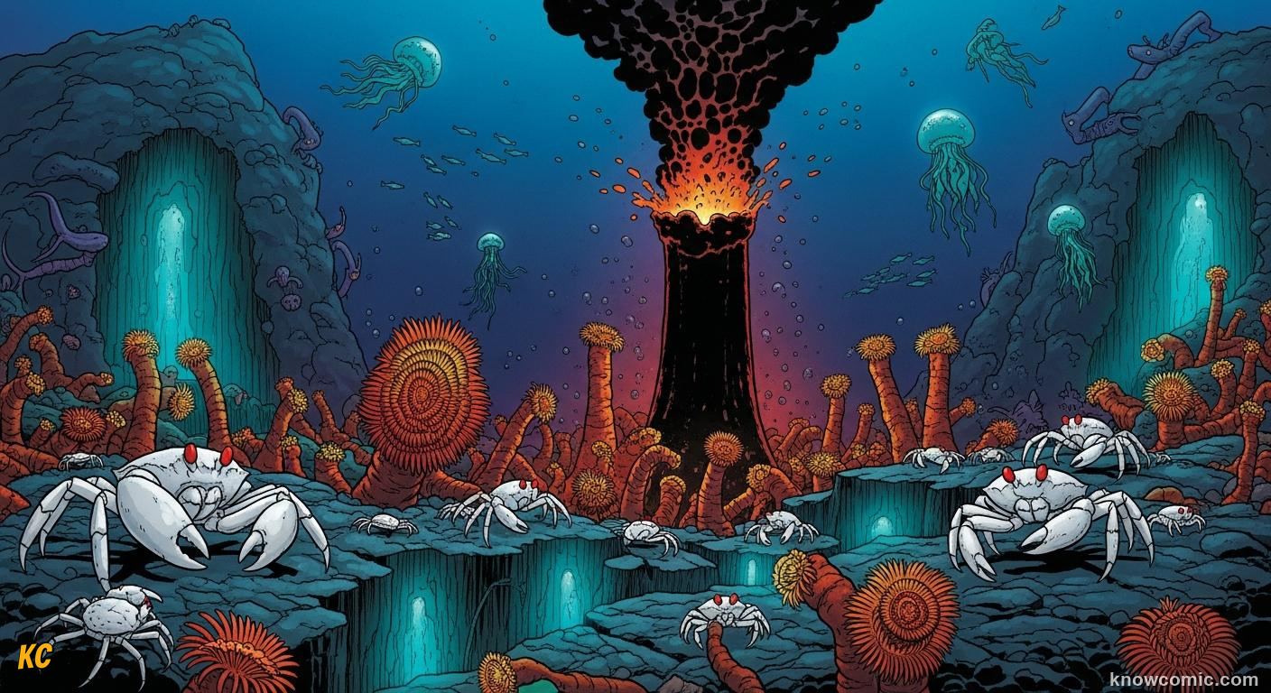 Black smoker hydrothermal vent with tube worms and crabs clustered around it