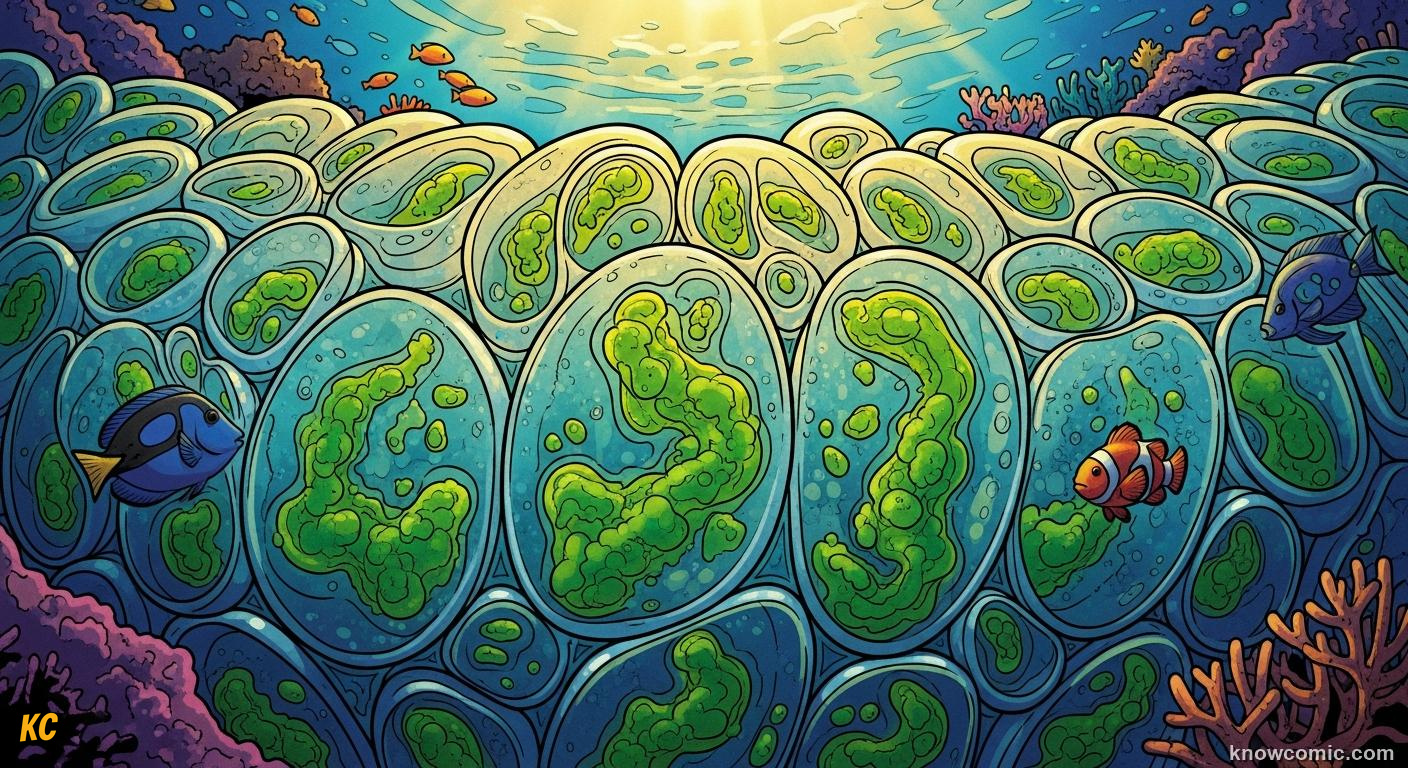 Tiny zooxanthellae algae living inside coral polyp tissue in a photosynthetic partnership