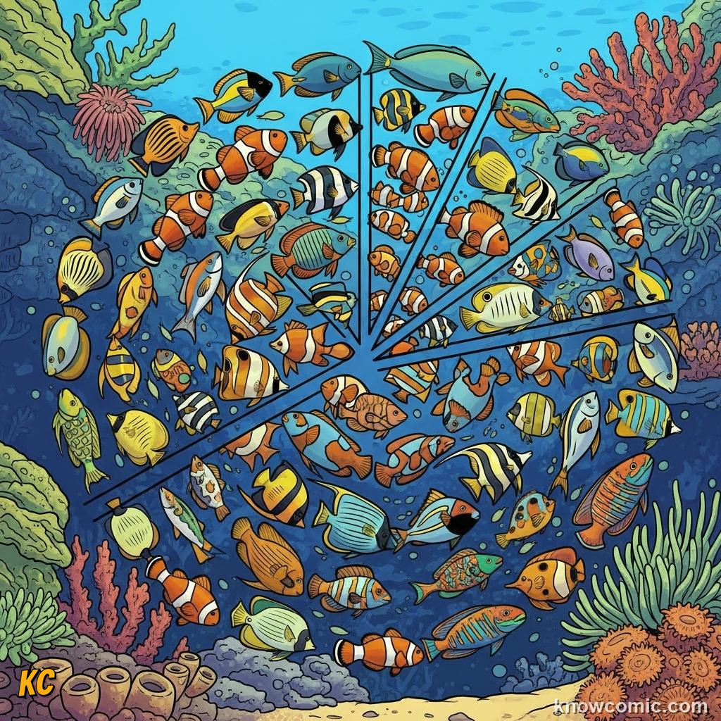 Colorful tropical fish schooling among branching corals showing reef biodiversity