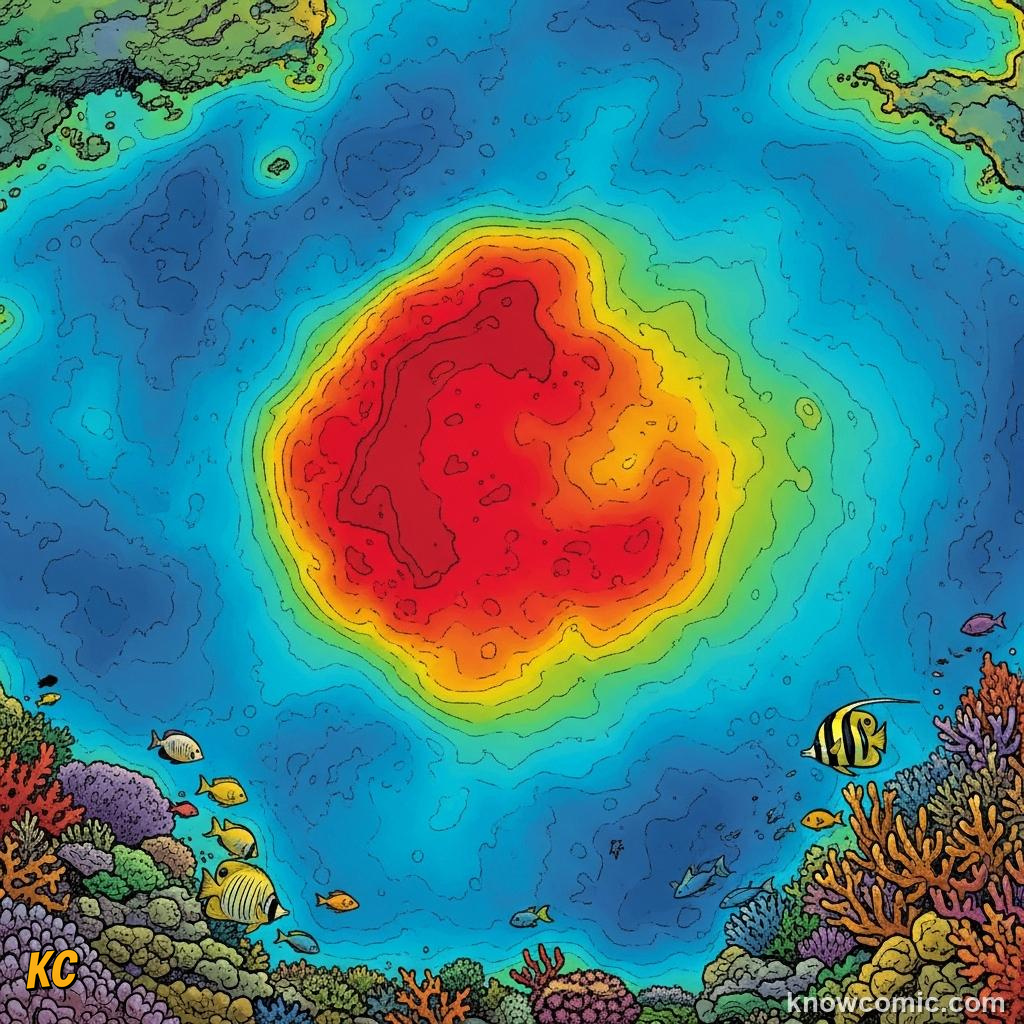 Satellite detecting a marine heatwave hot spot glowing over a coral reef region