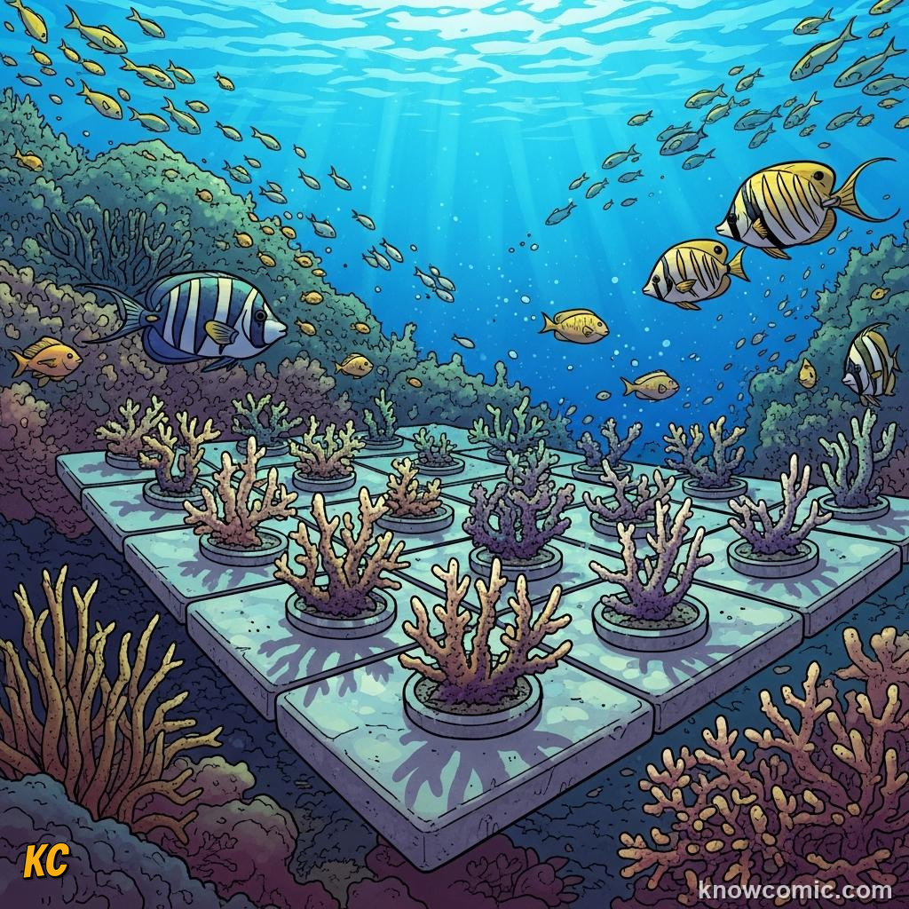 Coral larvae drifting in water while scientists study reef restoration and assisted evolution