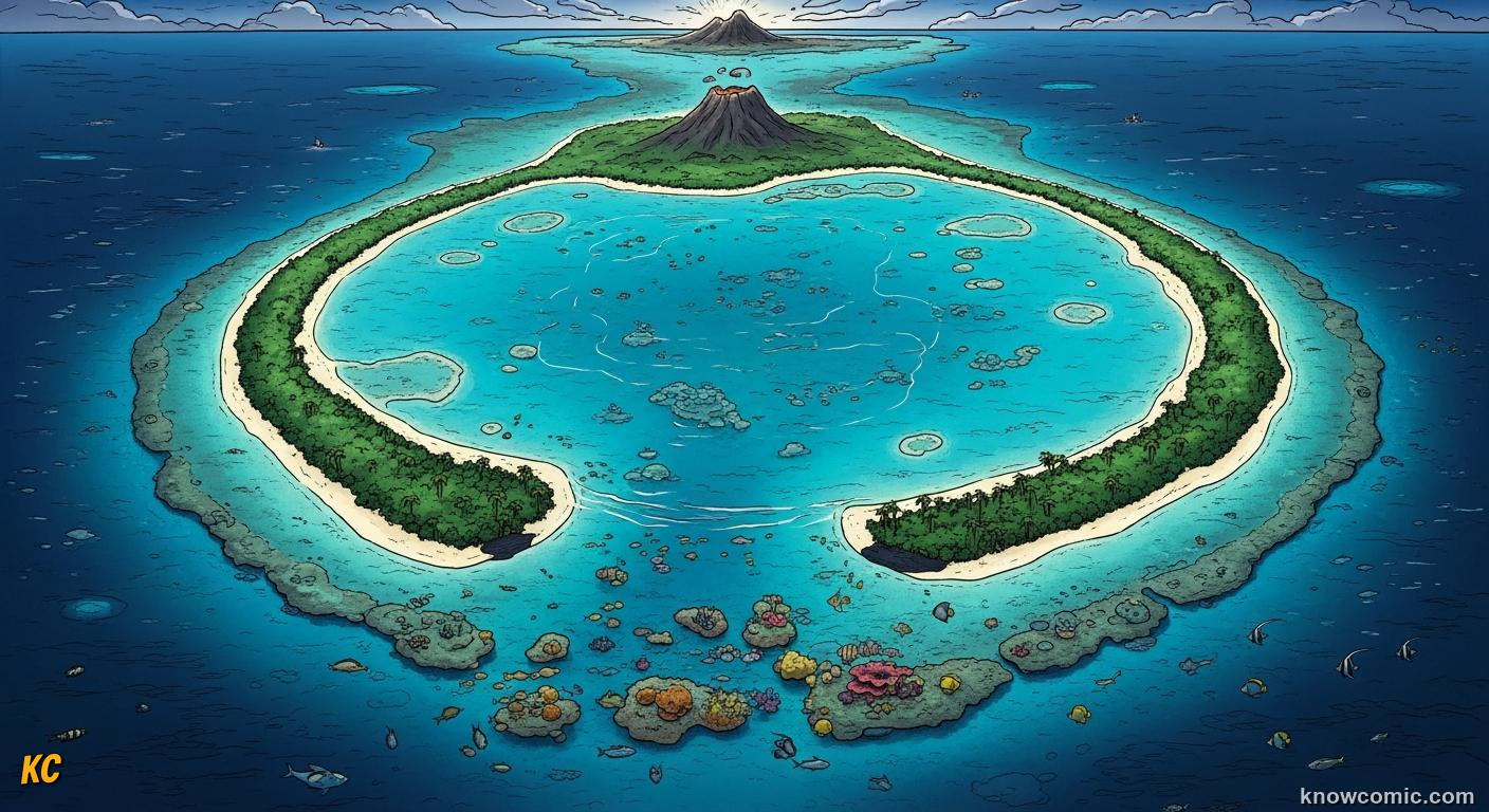 A ring-shaped coral atoll surrounding a turquoise lagoon in the tropical ocean