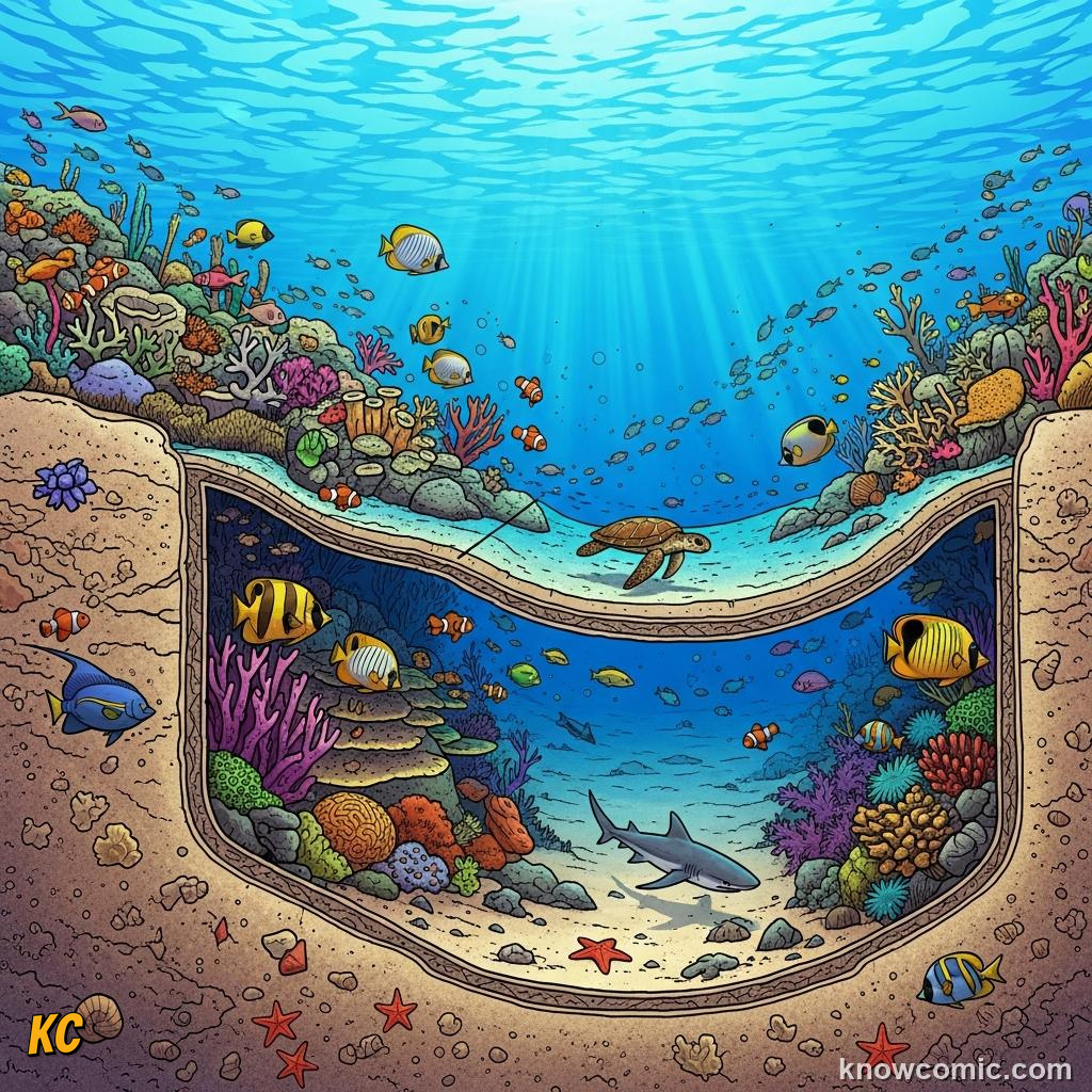 Diagram showing fringing reef barrier reef and atoll stages of coral island formation