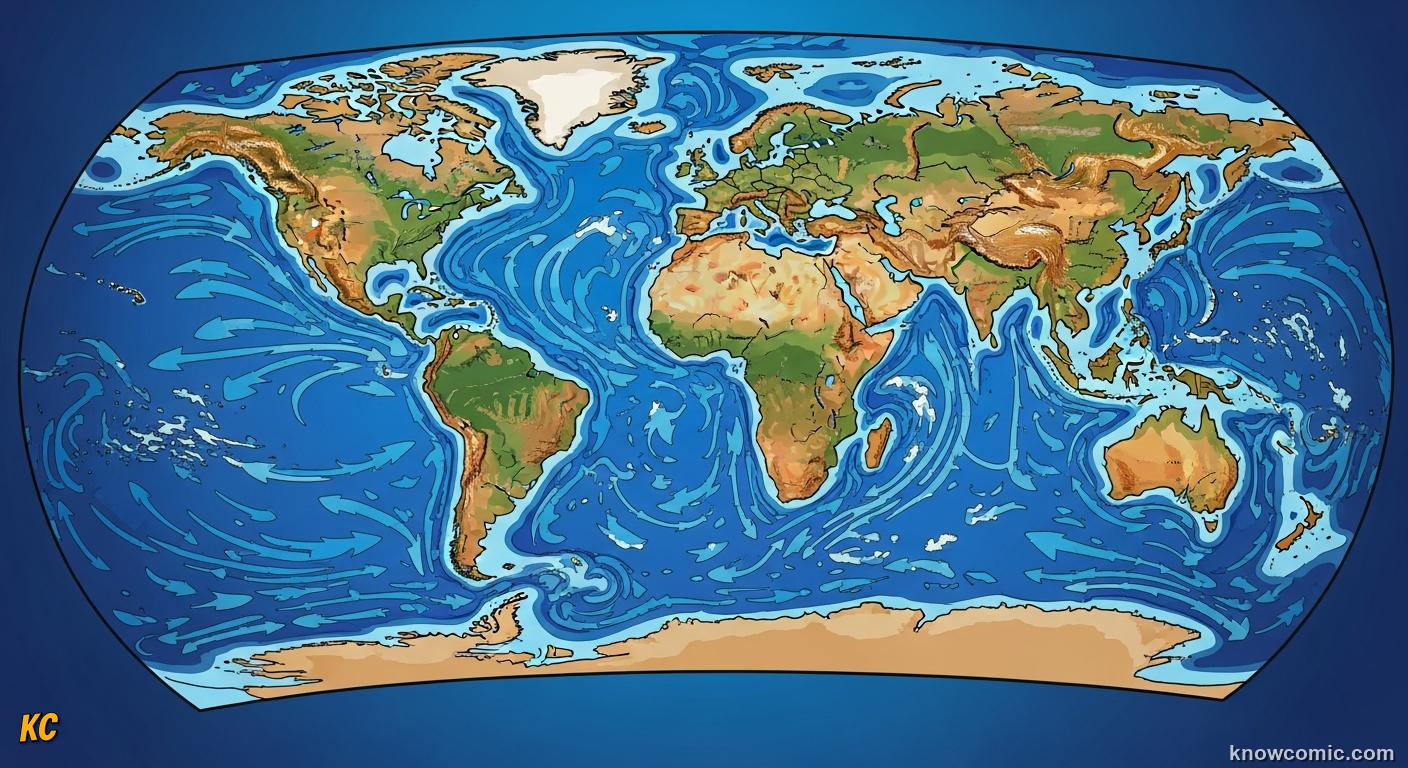 World map showing major ocean surface currents and gyres circling the blue planet