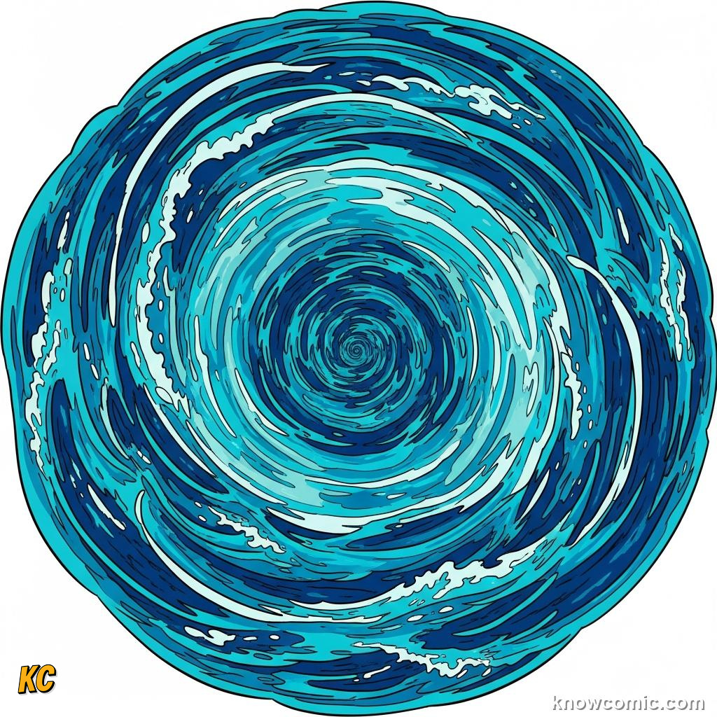 Five major ocean gyre loops with plastic debris spiraling into the calm center