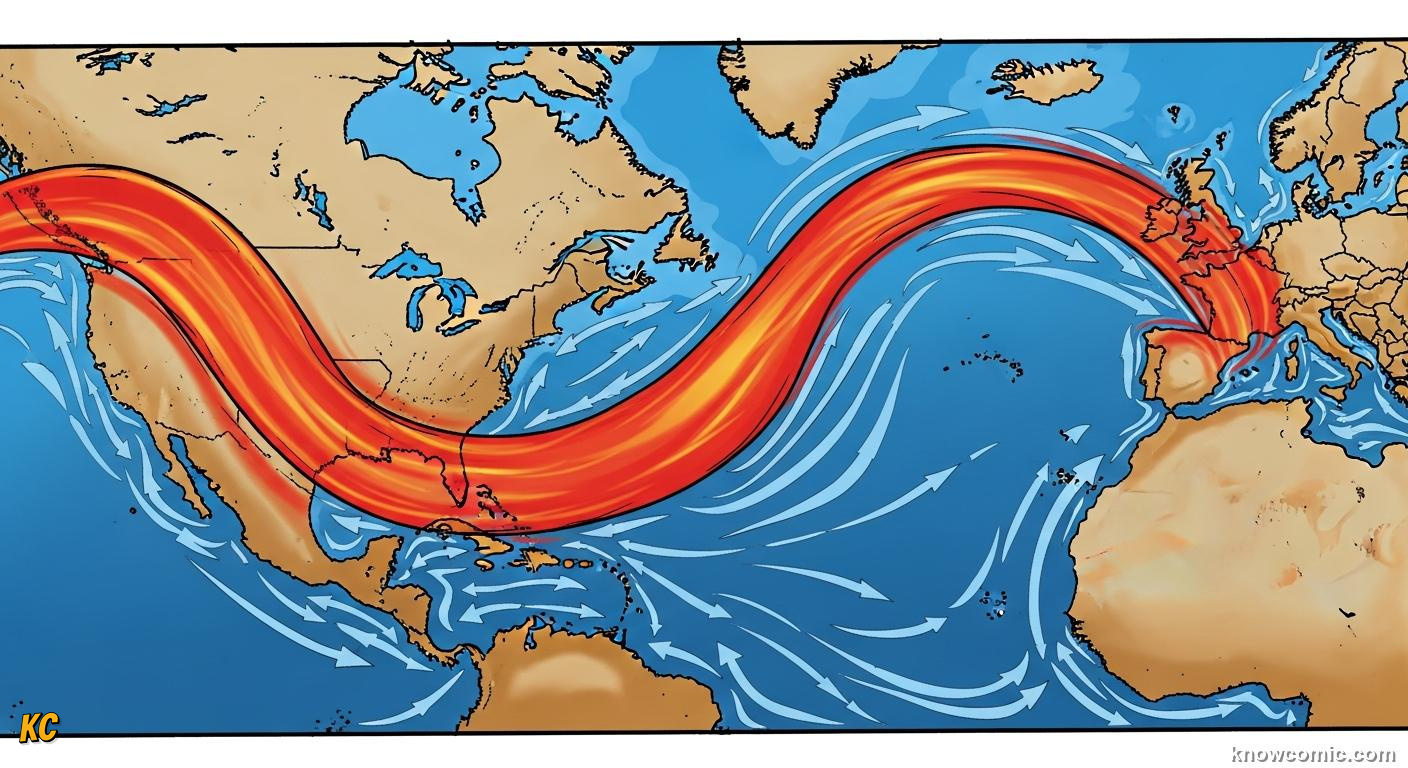Gulf Stream carrying warm tropical water past North America toward northwestern Europe