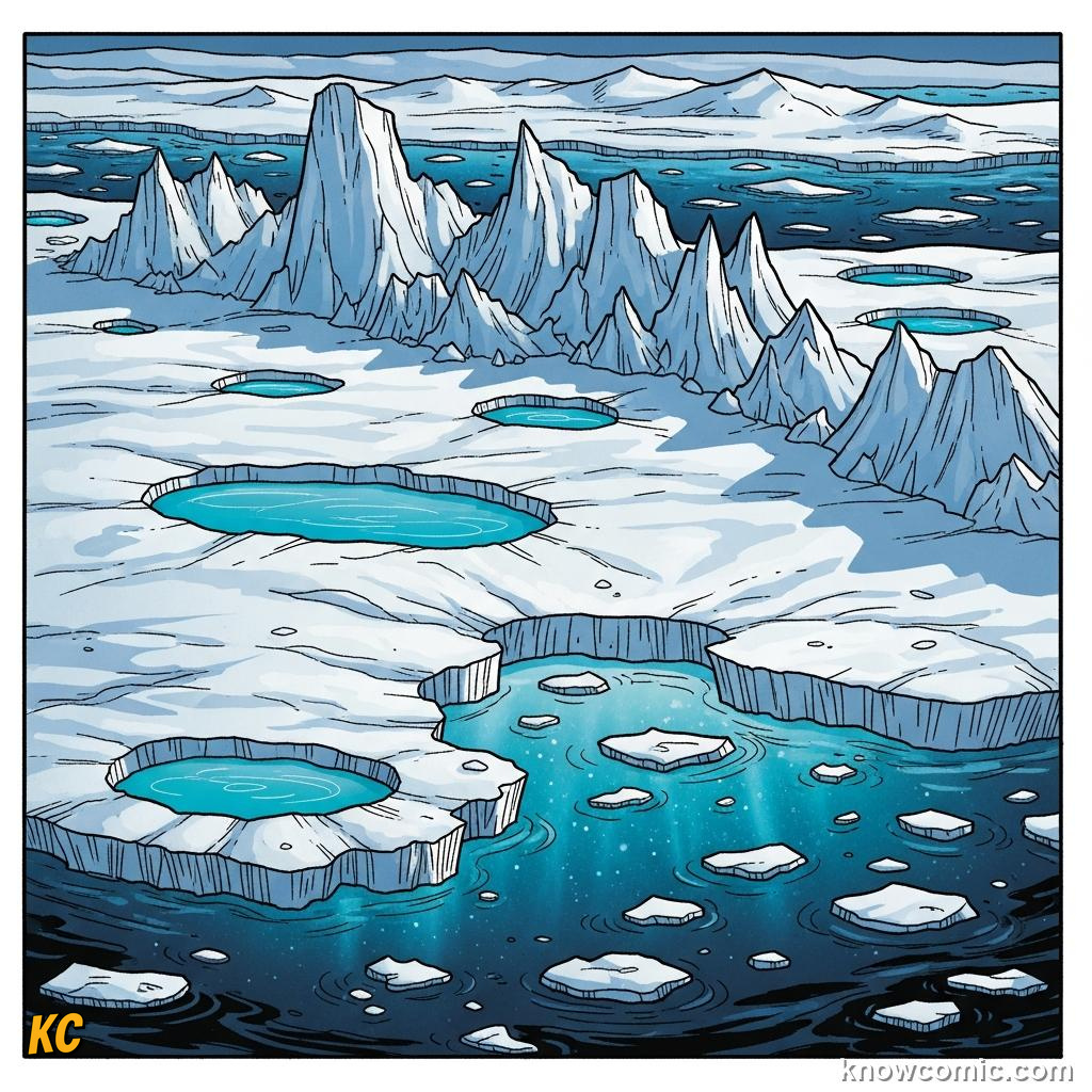 Floating sea ice shelf as part of the connected ocean system that forms from seawater
