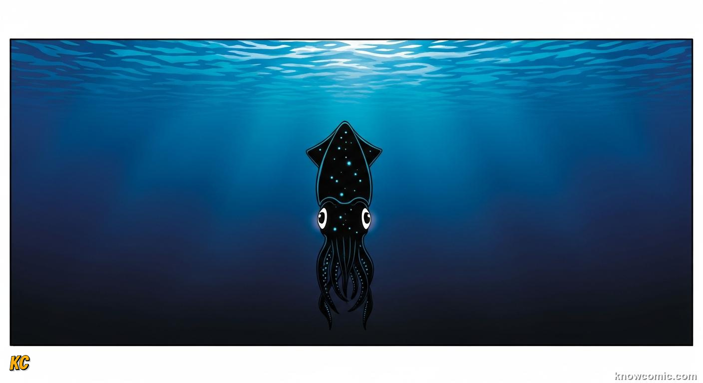 Mesopelagic twilight zone with lanternfish and squid visible in faint blue deep glow