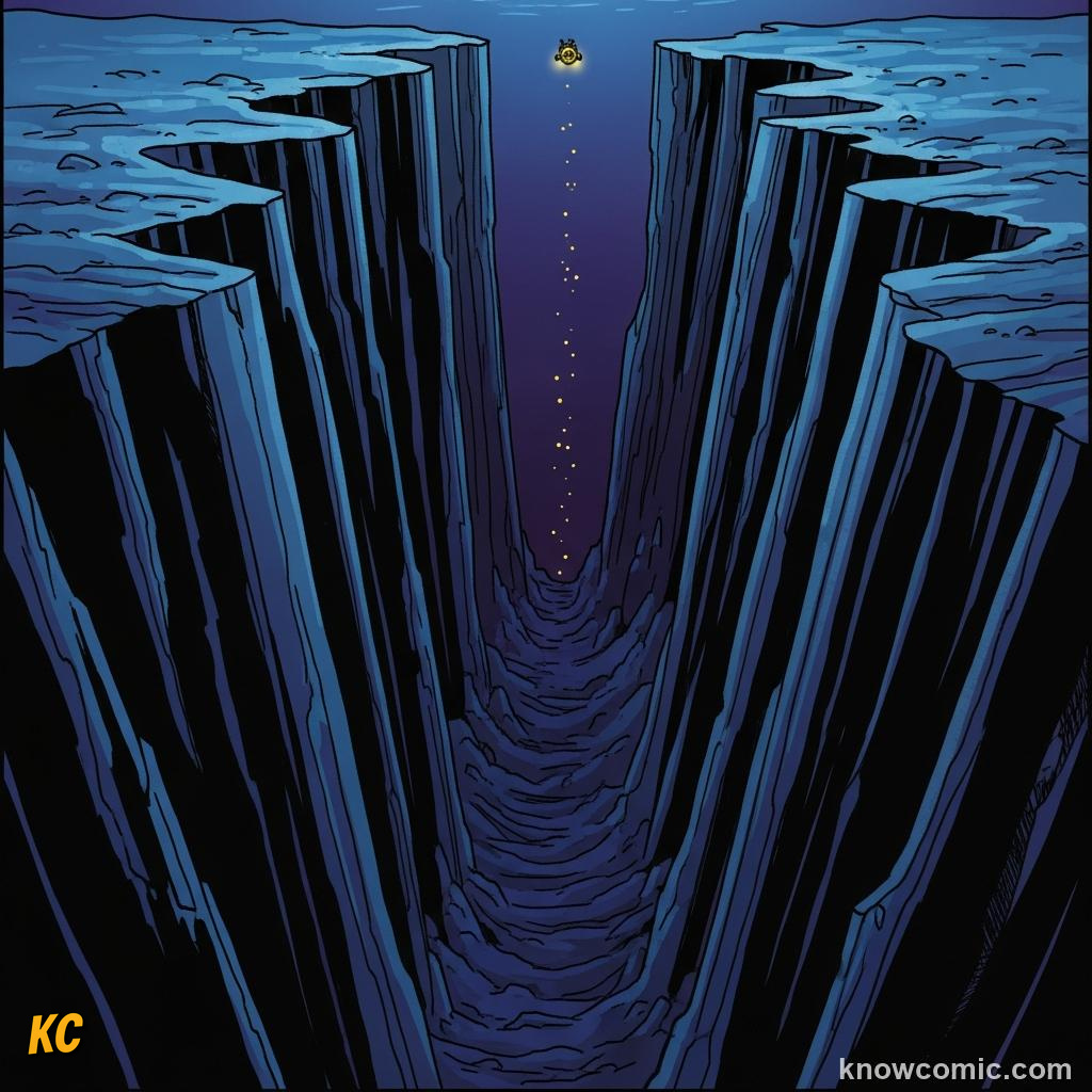 A narrow hadal trench slot cutting deeper than the abyssal plains where plates subduct