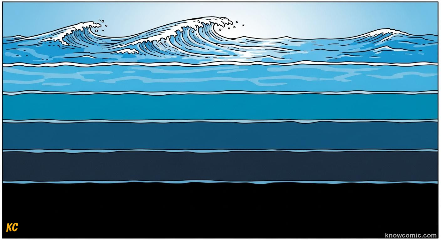 Diagram of all five ocean zones stacked from sunlit surface down to the hadal trench floor