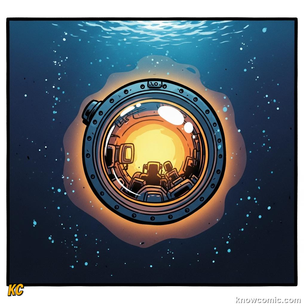 A bathyscaphe submarine descending through blue water toward the pitch-dark zone below