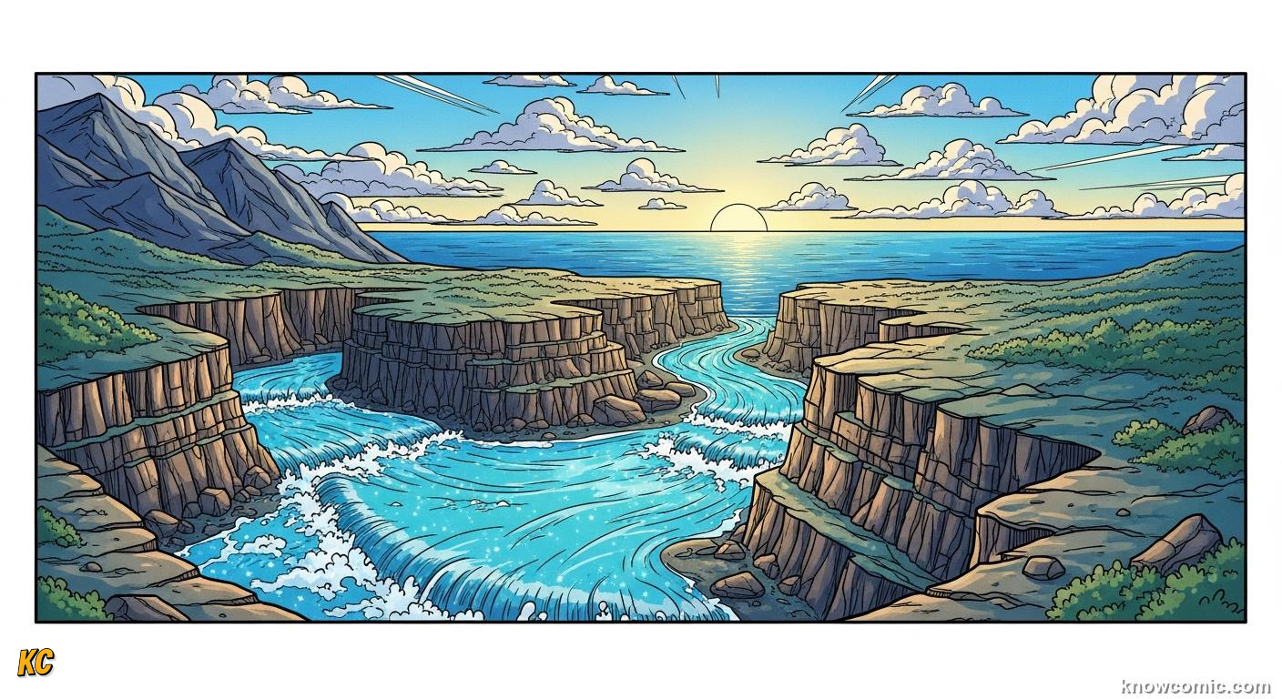 Rain falling on a rocky coastline with rivers carrying dissolved minerals to the ocean