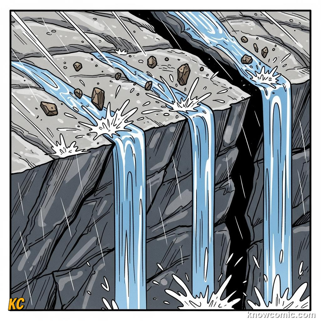 Raindrops containing weak carbonic acid slowly dissolving rock minerals grain by grain