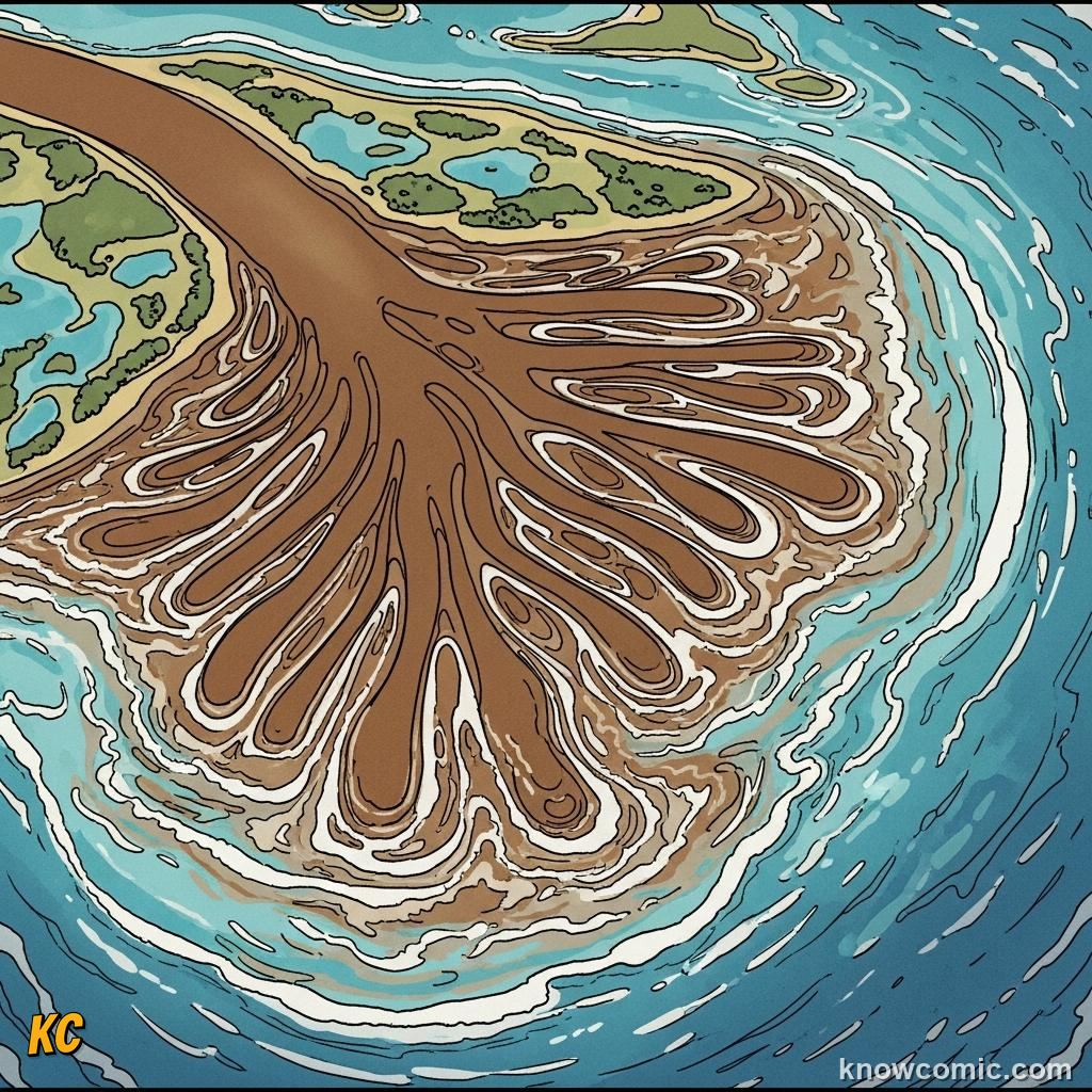 A brown river plume carrying dissolved ions spreading as it meets the blue ocean at a delta