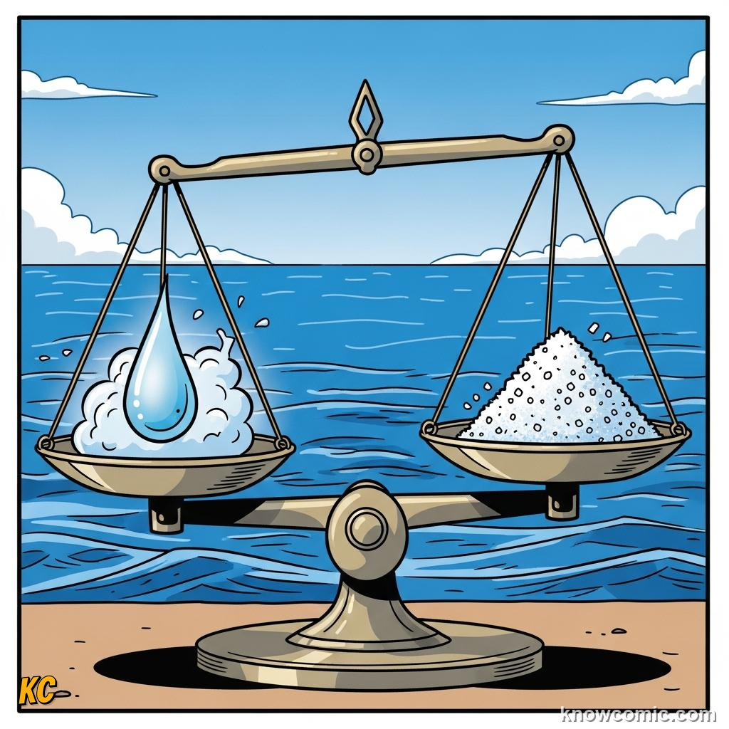 A balance scale showing salt inputs roughly equal to outputs over geological time spans