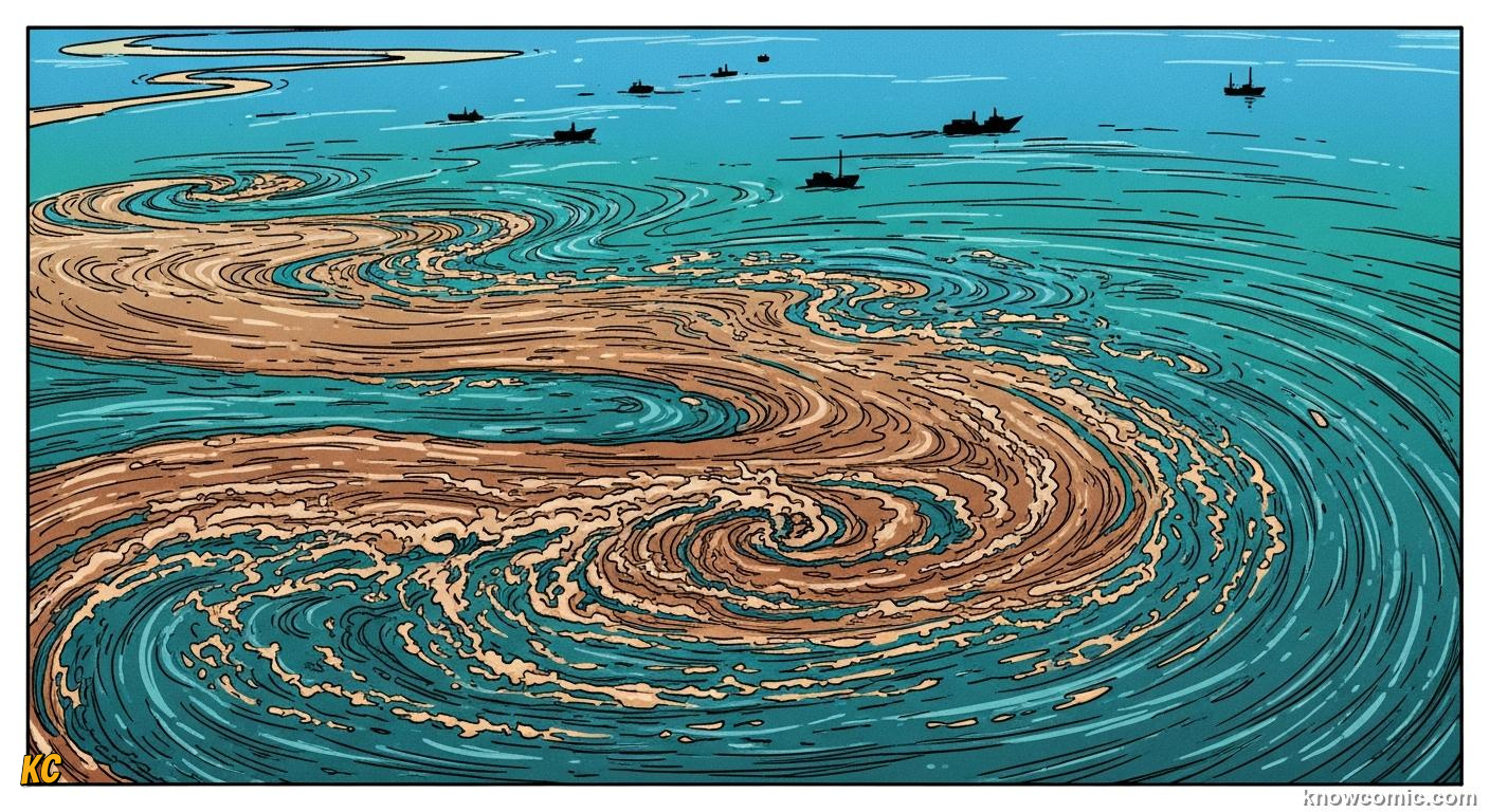 Estuary where fresh river water meets salty ocean creating layered density bands below