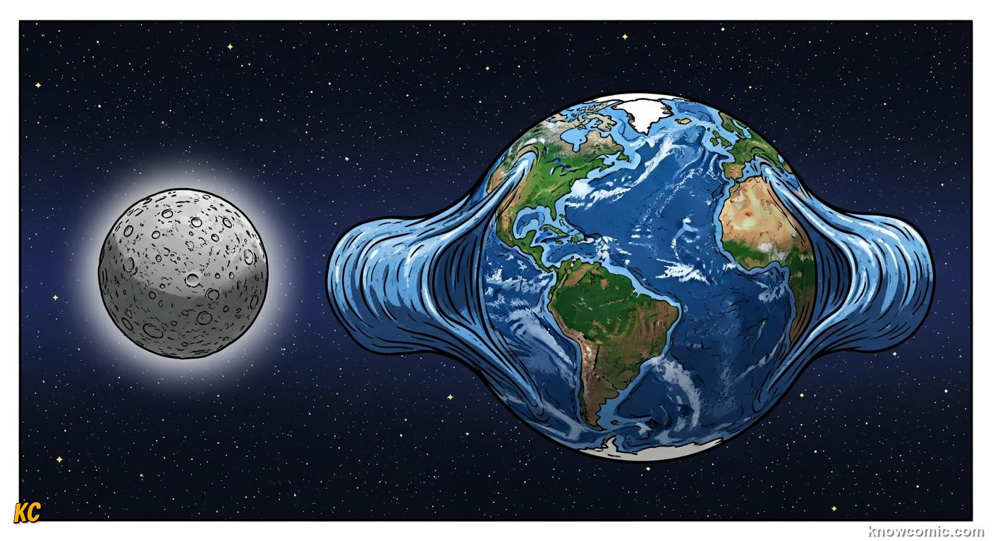 Earth seen from space with two tidal bulges raised by the Moon's gravity on opposite sides