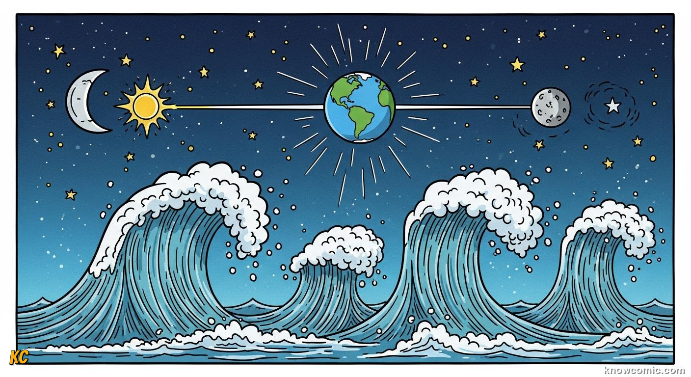Spring tide diagram with Sun Earth and Moon lined up in a straight row for stronger tides