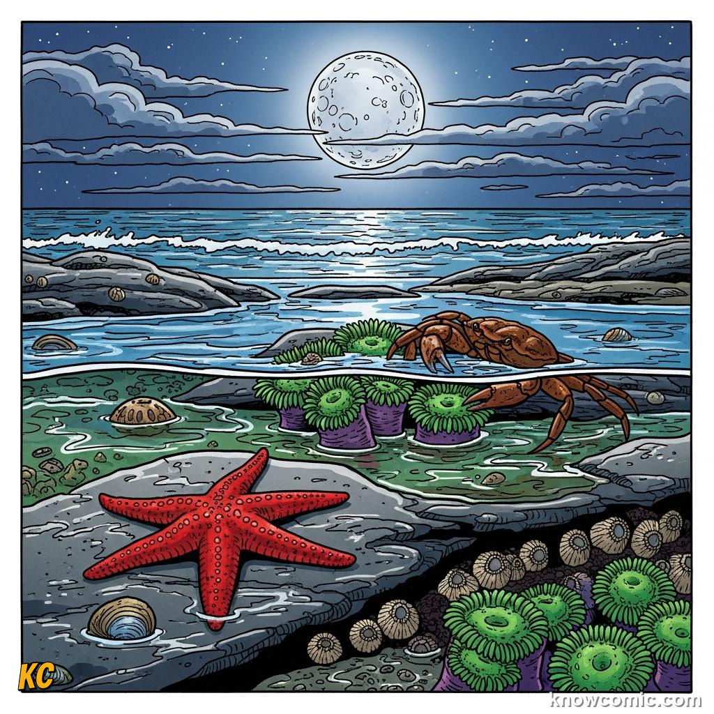 Crabs and intertidal creatures following the waterline as rock pools refill twice daily