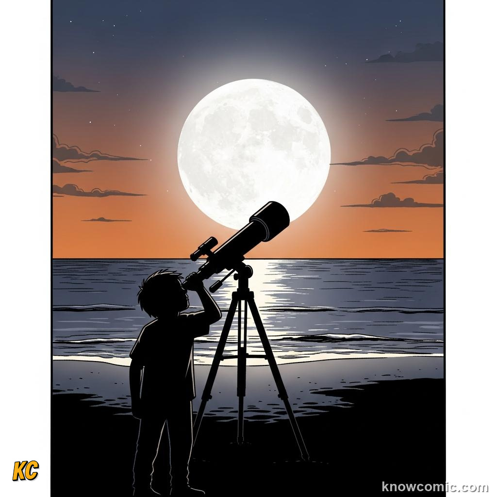 The full Moon rising over a coastal beach as its gravity quietly drives the ocean tides
