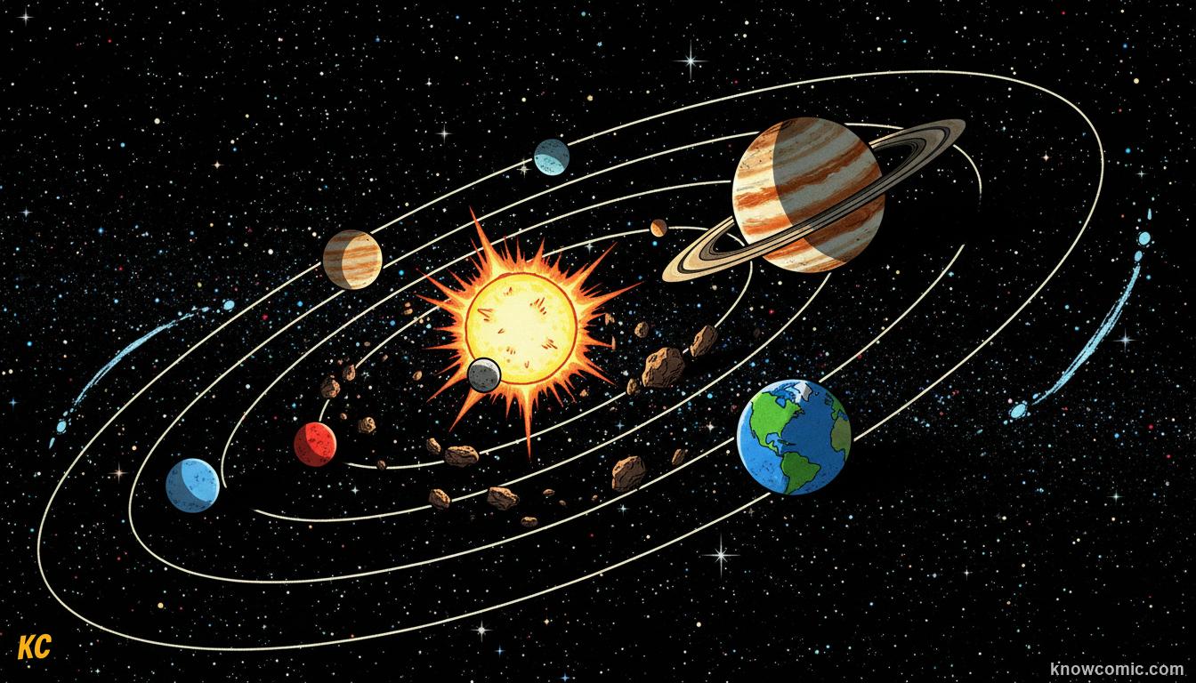 The solar system: the Sun and 8 planets orbiting together in deep space