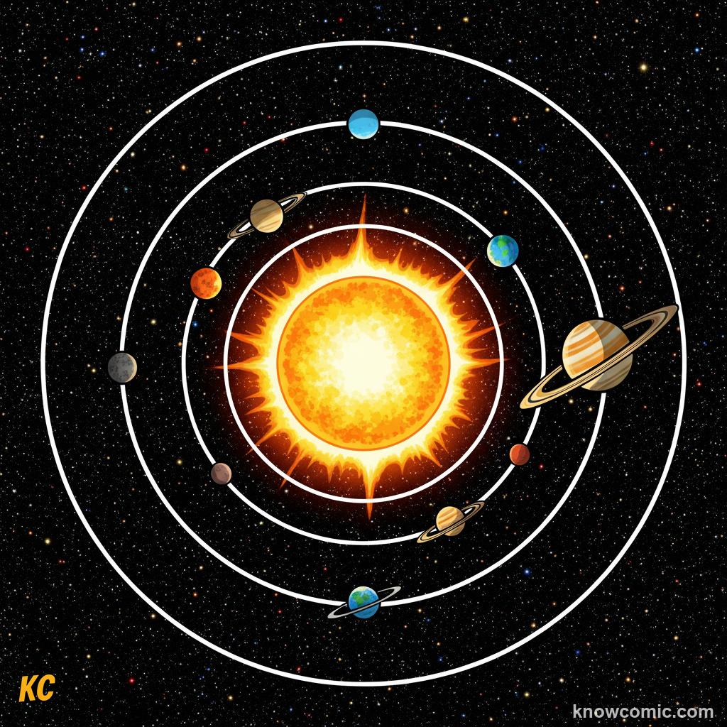 Diagram showing all 8 planets of our solar system orbiting the Sun in order