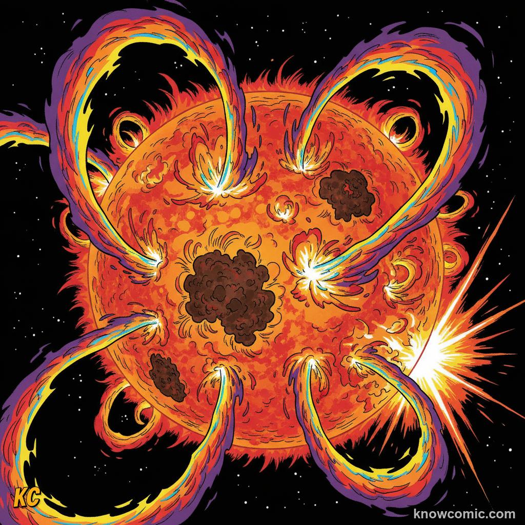 A massive solar flare erupting from the Sun's surface, capable of knocking out satellites and power grids on Earth