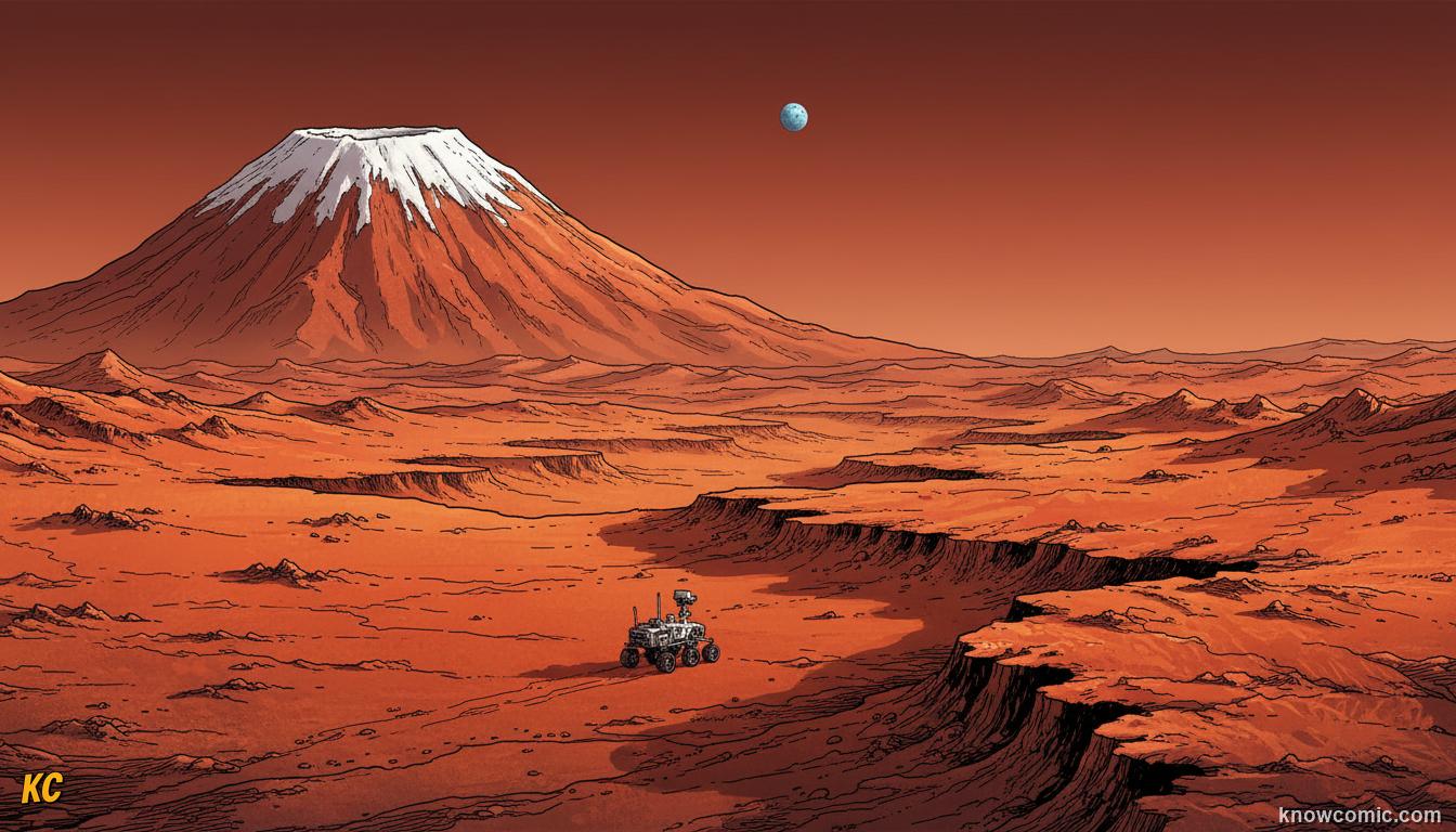 Mars the Red Planet: a rusty dusty landscape with ancient riverbeds, polar ice caps, and giant volcano Olympus Mons