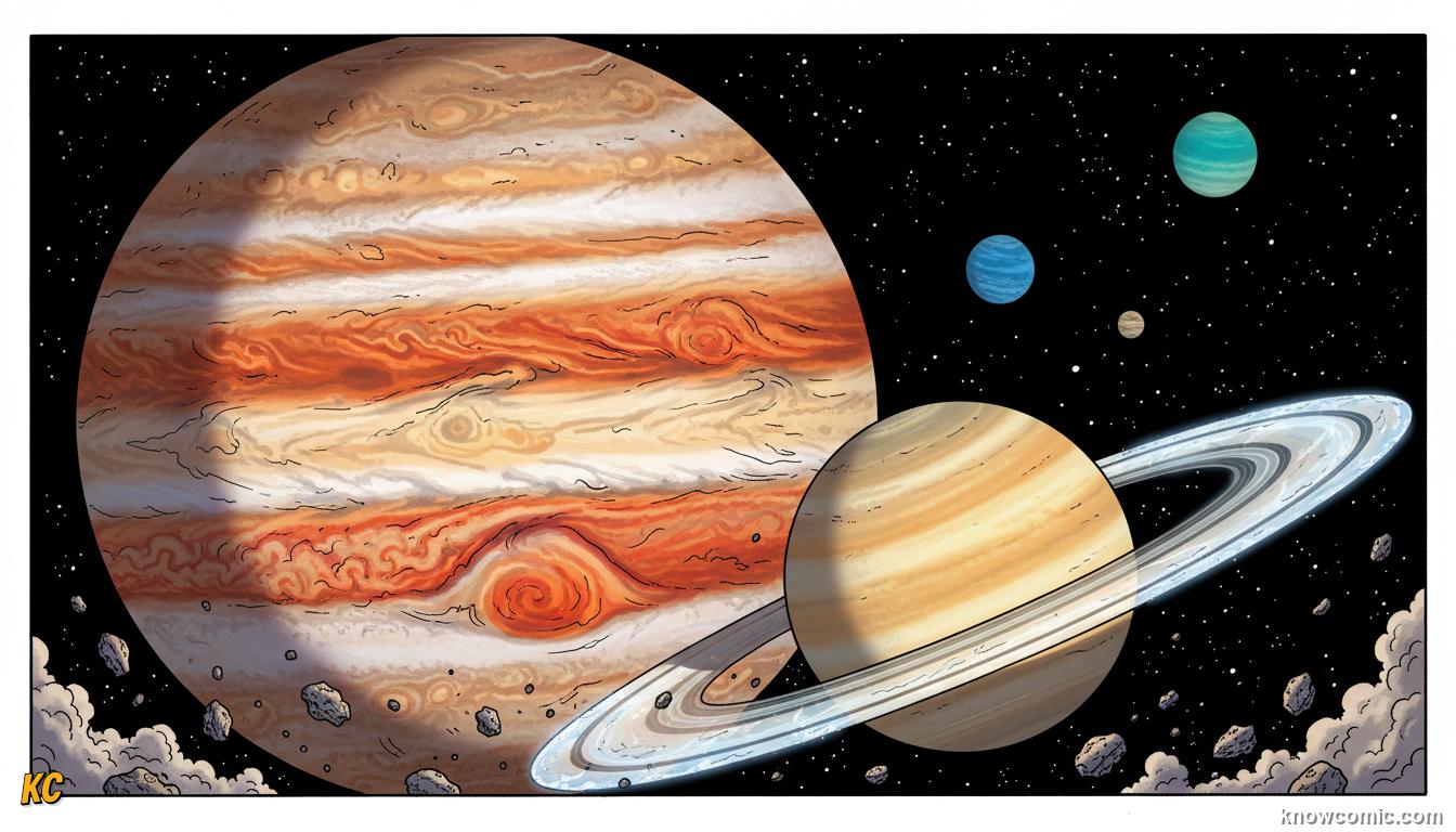 The four outer giant planets: massive Jupiter, ringed Saturn, and the blue ice giants Uranus and Neptune