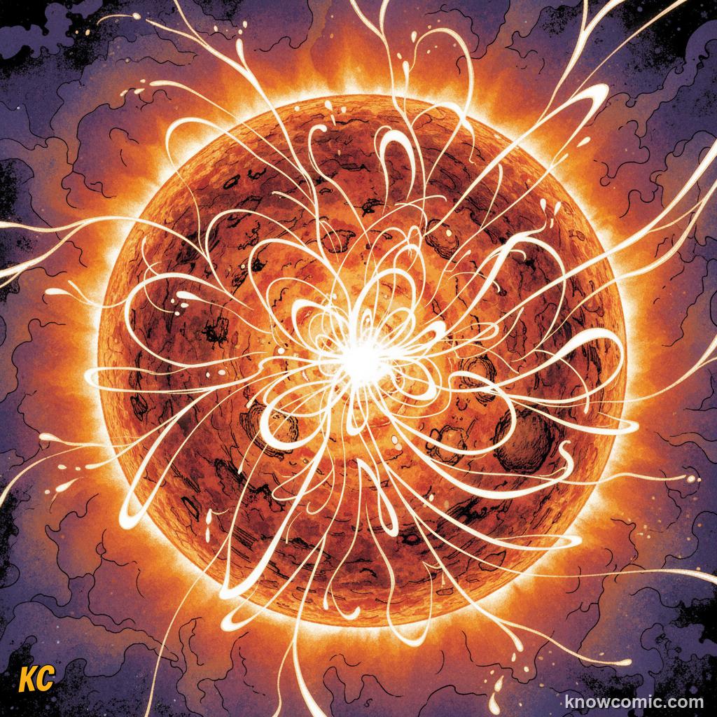 Nuclear fusion: hydrogen atoms fusing into helium under extreme heat and pressure