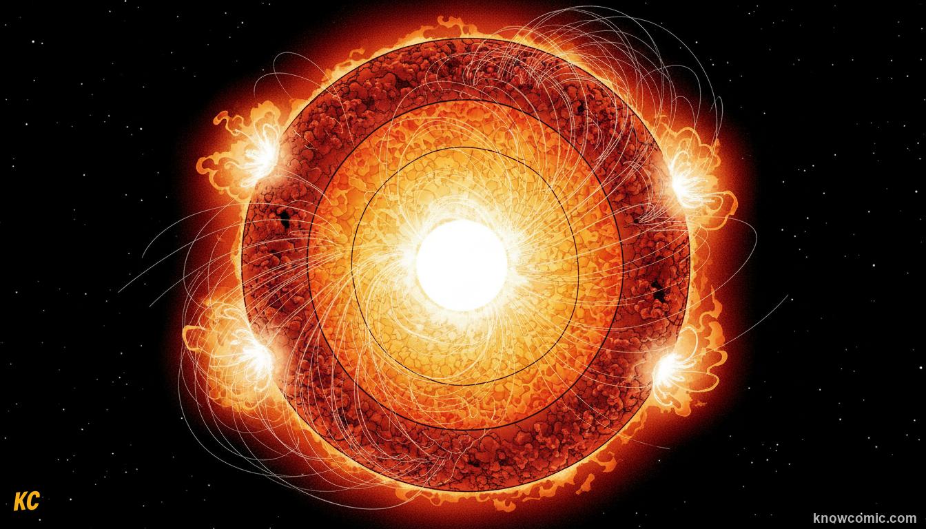 Cross-section of the Sun's internal layers: core, radiative zone, and convective zone
