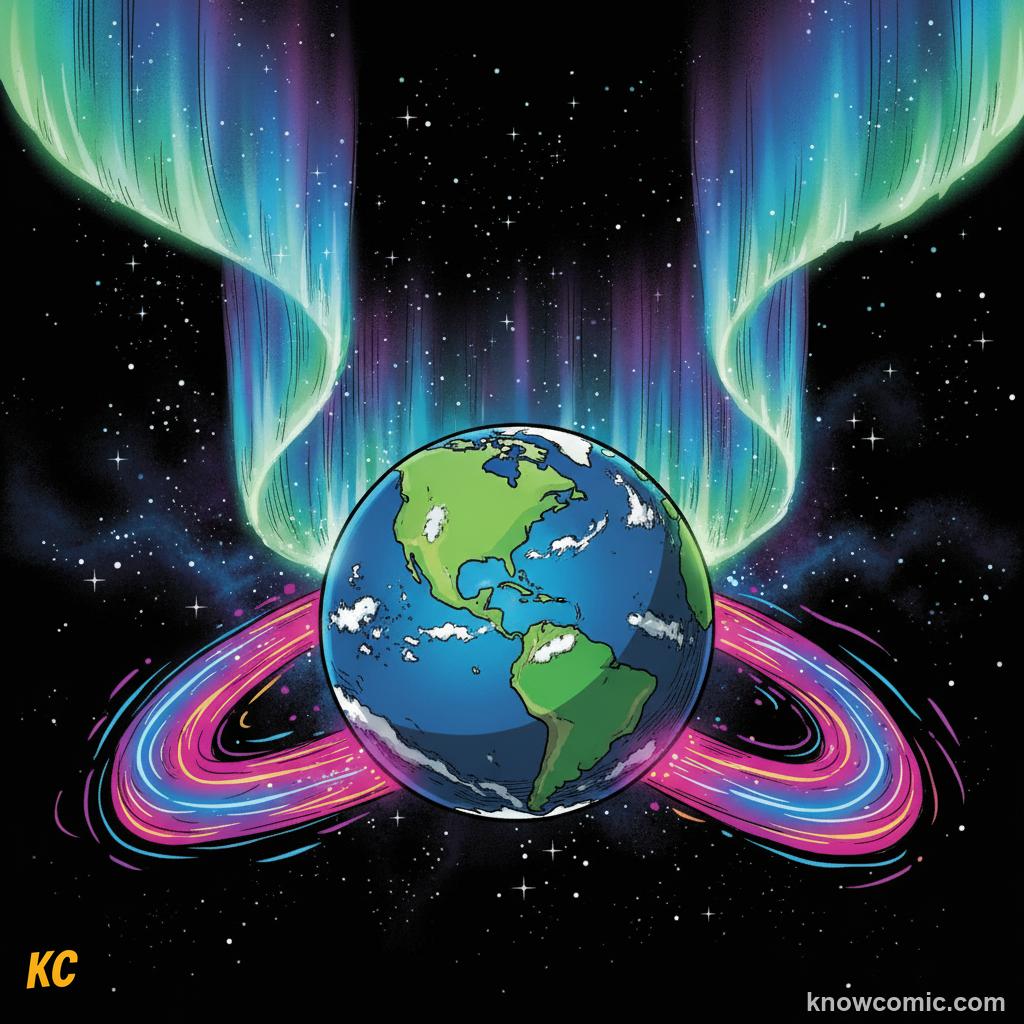 Aurora Borealis (Northern Lights): colorful sky lights caused by solar wind hitting Earth