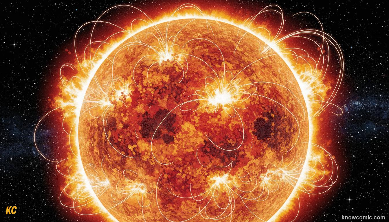 A massive solar flare explosion on the Sun's surface releasing incredible energy