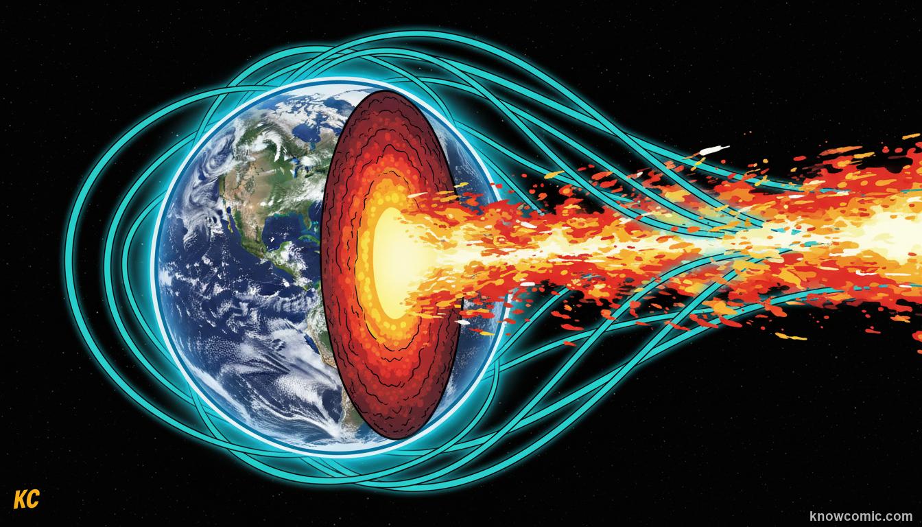 Earth's oxygen atmosphere and magnetic field protecting all life from deadly solar radiation