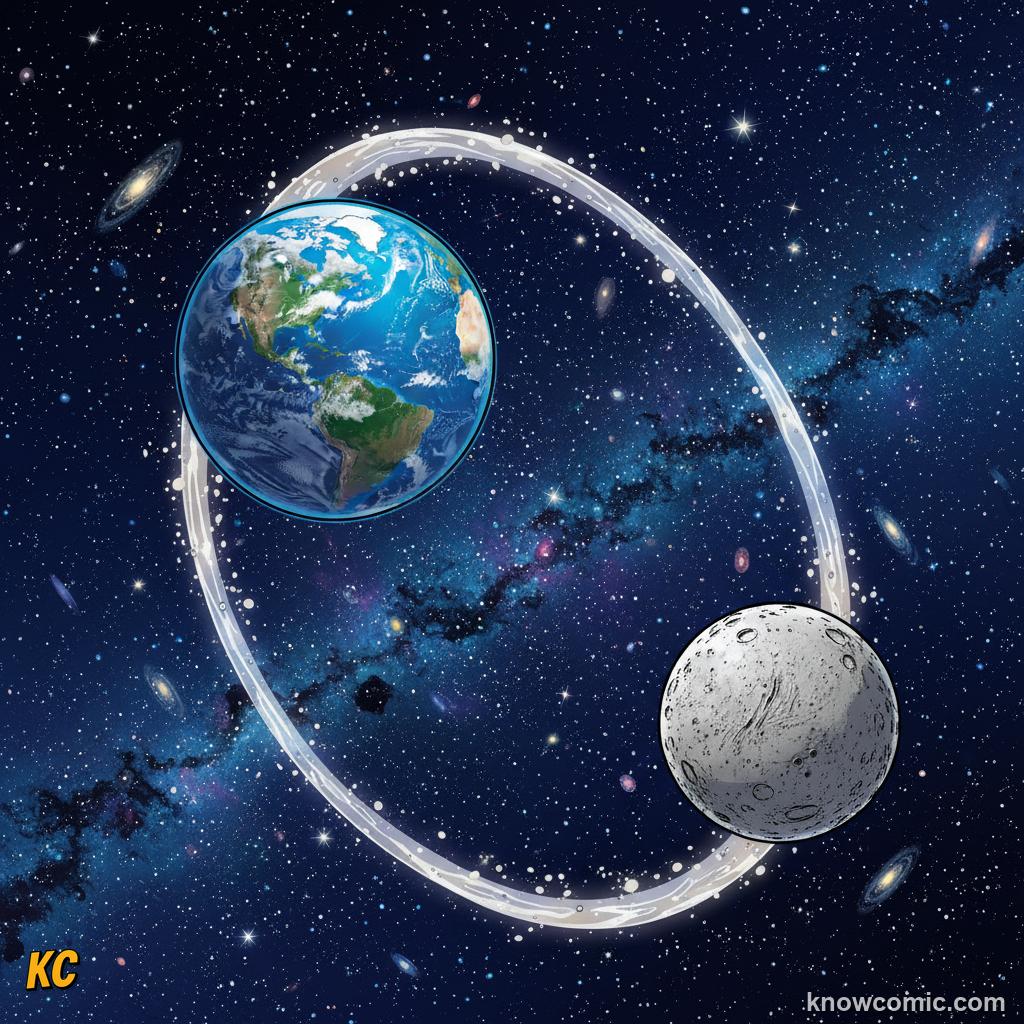 The Moon orbiting 384,400 km from Earth, completing one orbit every 27 days