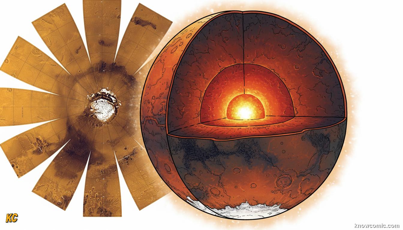 Mars's rust-red surface covered in iron oxide with ancient river deltas and polar ice caps