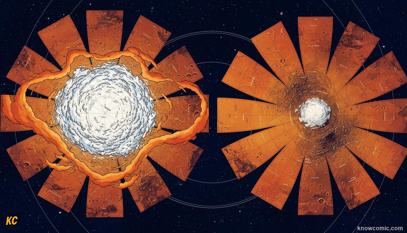 Mars seasonal cycles: polar ice caps expanding and shrinking as temperatures swing from -20 to -140°C